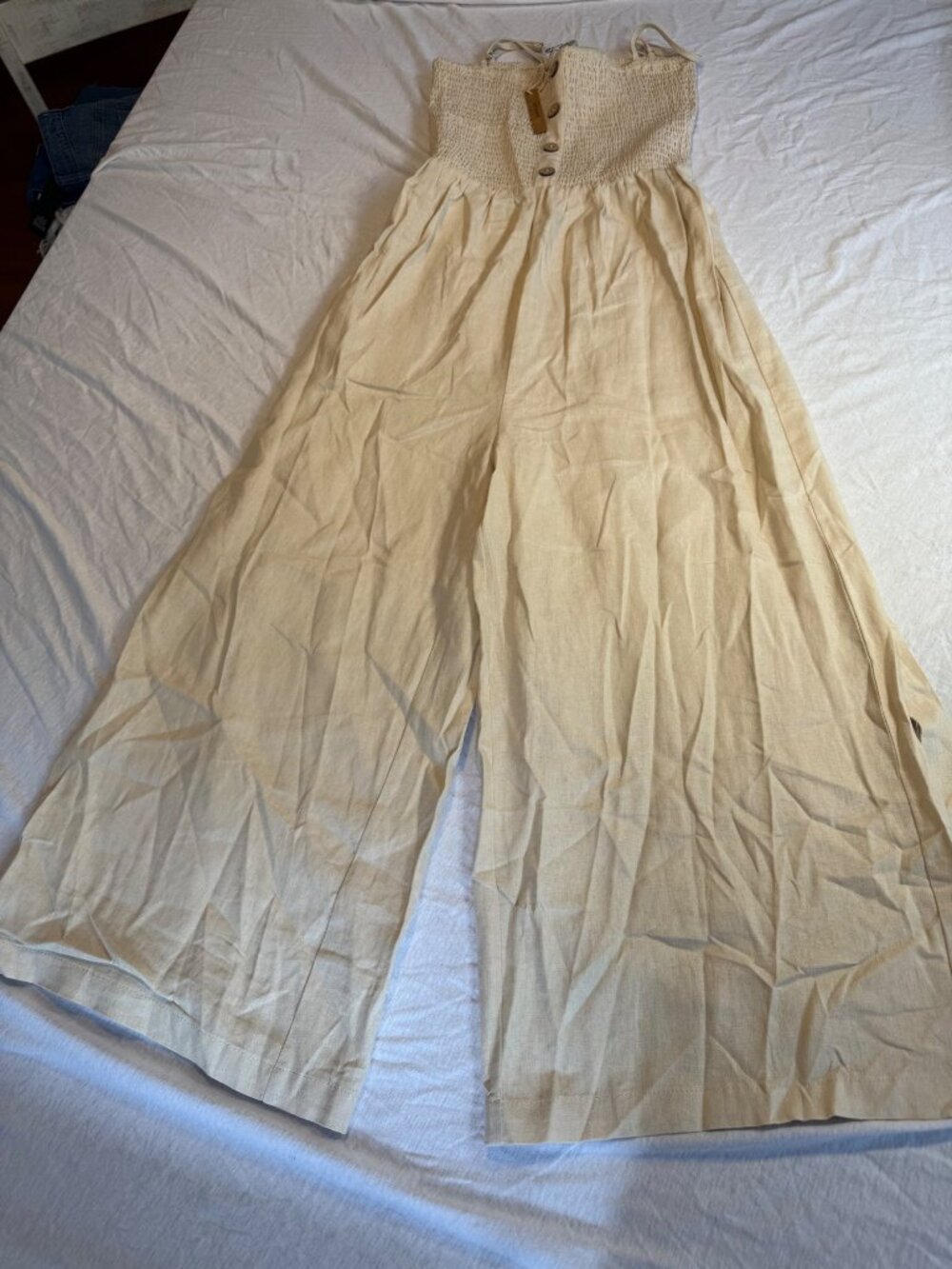 Cream Smocked Wide Leg Romper Sleeveless Button Boho Cottagecore Linen Blend M